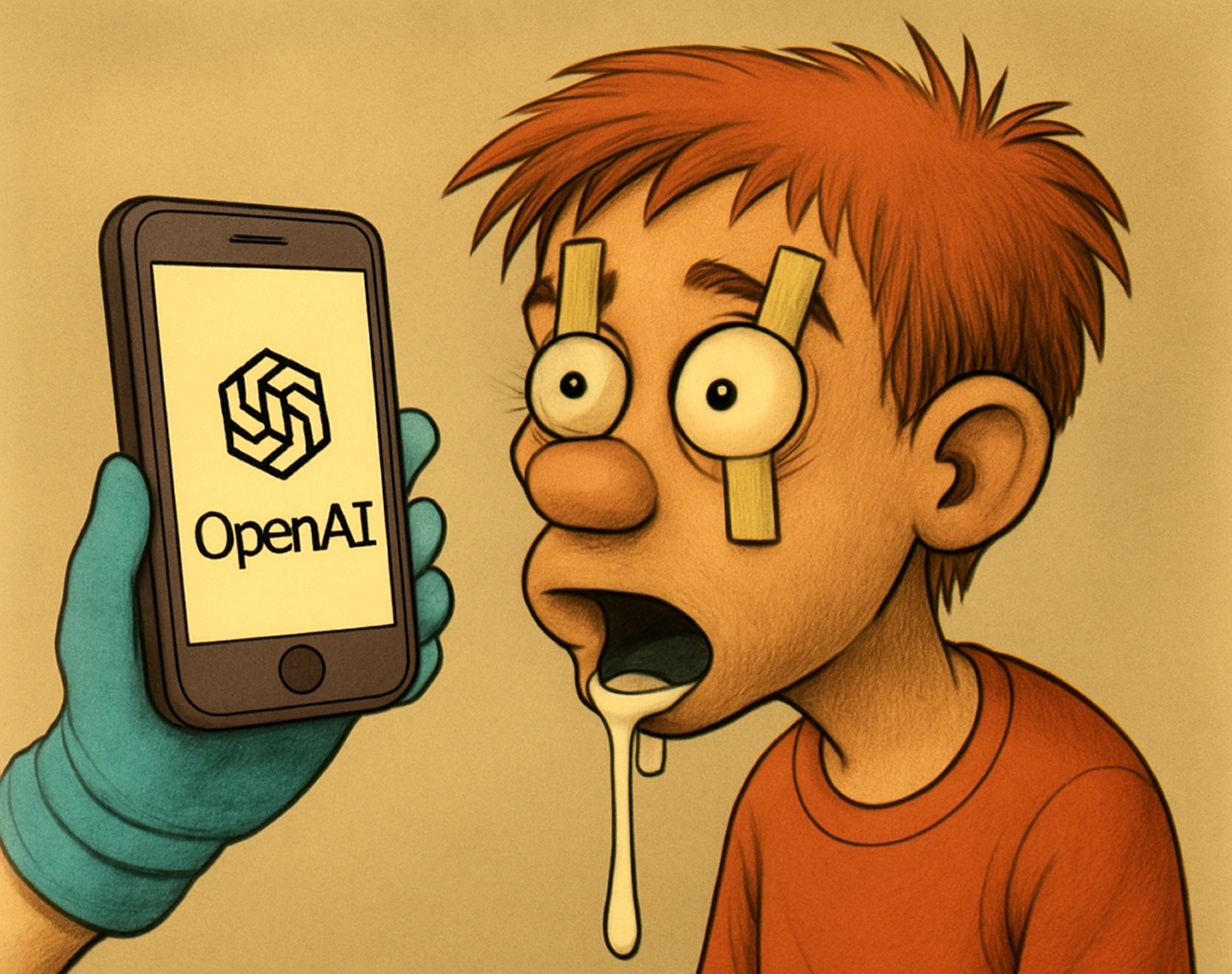 An AI generated illustration of a gloved hand holding a smart phone up to a drooling teenager's face, with their eye lids taped open. The OpenAI logo is visible on the screen of the phone.
