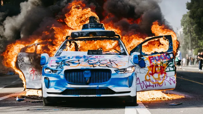 A Waymo car on fire during the anti-ICE LA protests. Sourced from USA Today.