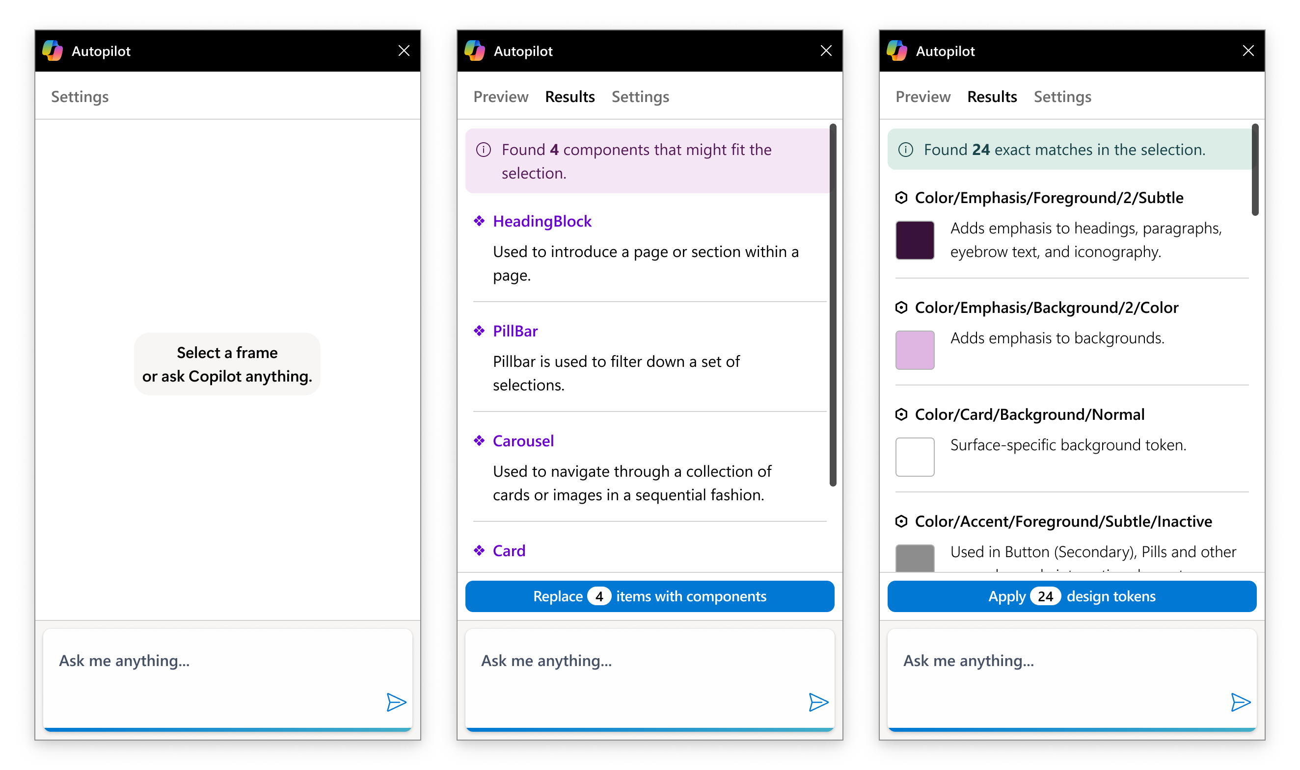 A prototype of Autopilot with actions to shortcut the Figma assets panel