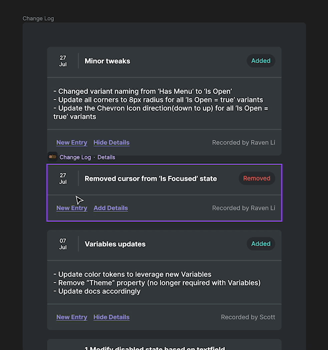 A demo showcasing how to track changes using the Change Log widget for Figma